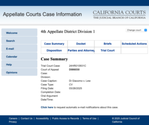 Screenshot from the California Appellate Courts Case Information system of the Case Summary for Appeal Case D086030, Di Giacomo v. Lew